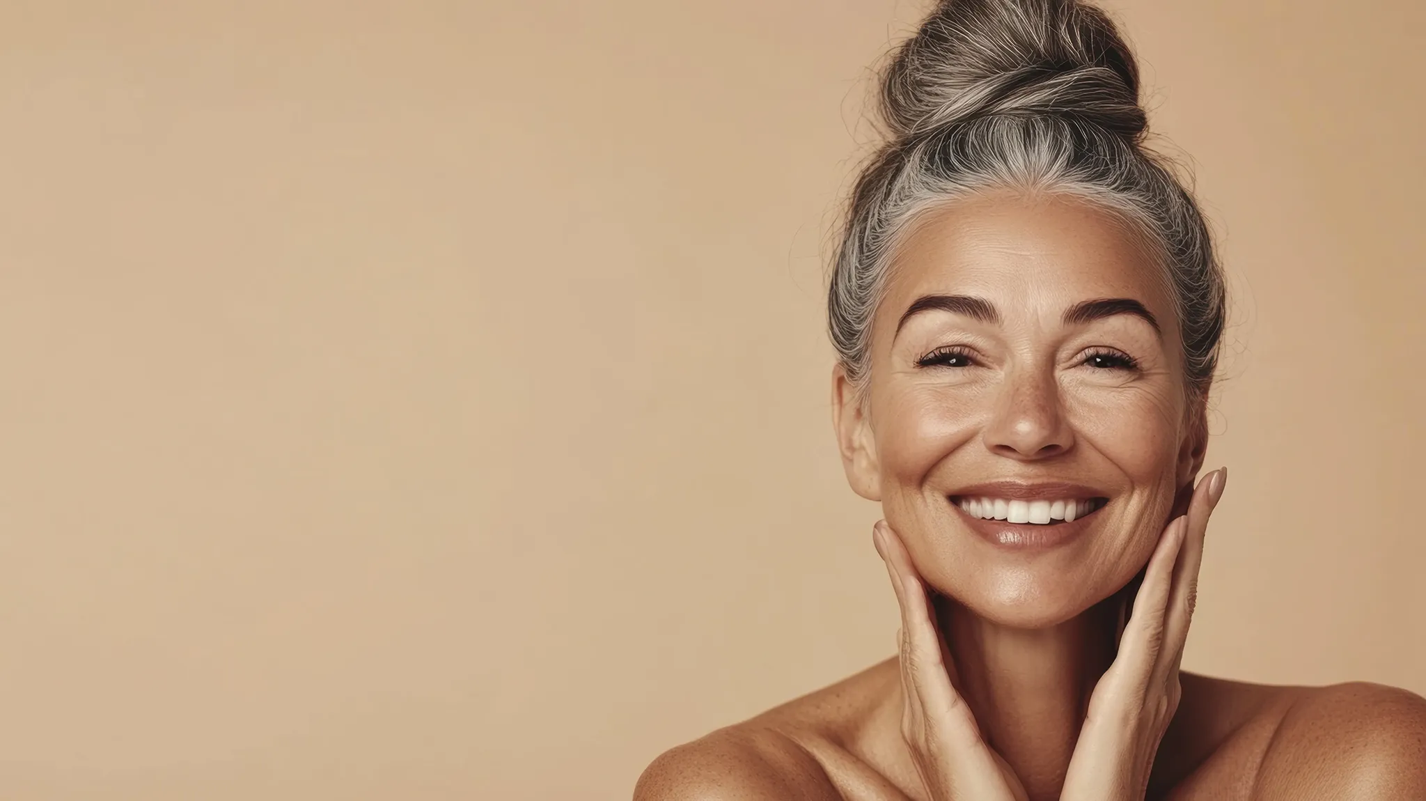attractive mature woman with youthful looking face and neck